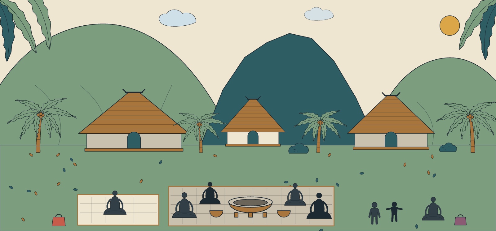 Illustration of a Fijian village and a kava ceremony, with a thatched bure, a tanoa bowl and woven mats