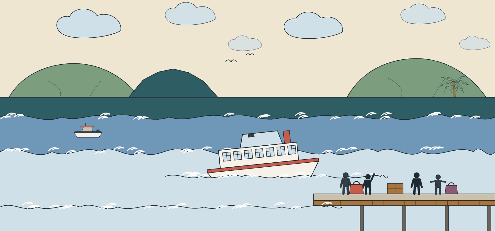 Illustration of an inter-island ferry crossing a choppy sea between two islands, with passengers, bags and a wooden jetty